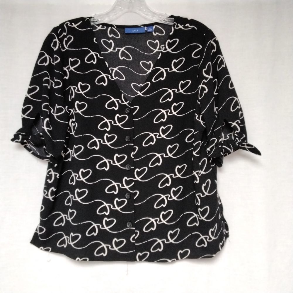 Apt 9 Blouse Black White Heart Swirl Button Down Sz S Coquette Feminine Whimsy